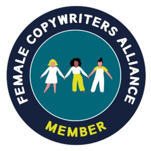 round badge for the Female Copywriter Alliance with the word member and an image of 3 women holding hands