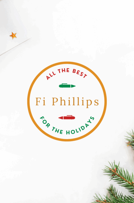 a festive desk with the Fi Phillips Copywriter logo on it - the logo has been adapted to say All the best for the holidays