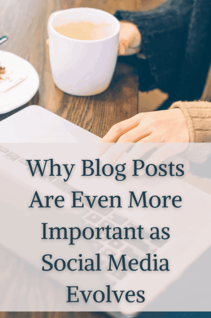 a woman typing on a laptop with a mug of coffee in her hand why blog posts are even more important as social media evolves